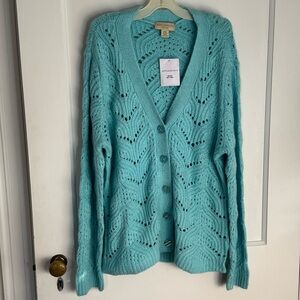 NWT! Soft pointelle aqua button front V-neck cardigan from Appleseed's, size MP